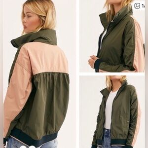Free People Army Green Combo Windbreaker Jacket Colorblock Zip Front medium nwot